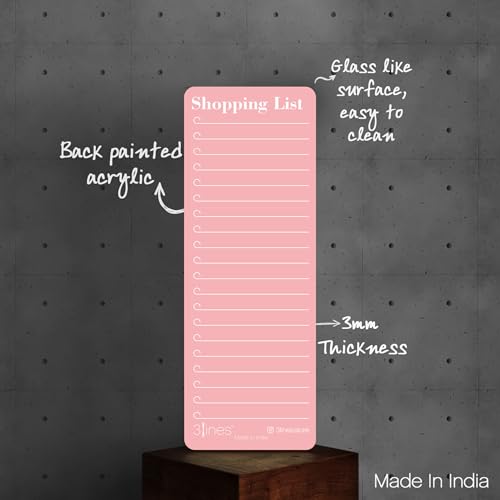 Image of 3 Lines Shopping List Fridge Magnet with Marker|Smart Planning & Shopping for Family, Working Professionals|Acrylic Magnetic Notepad for Kitchen Organisation|9x24 cms|Pink Guava Color|Regular