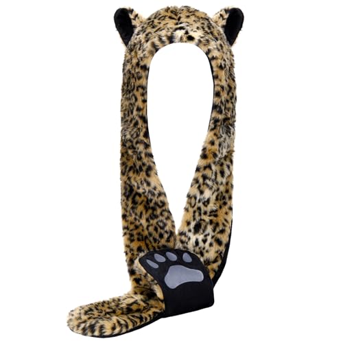 SATINIOR Leopard Print Faux Animal Hoods Headwear Furry Hat Mittens Gloves Scarf Paws Ears Furry Animal Accessories (Light Brown)
