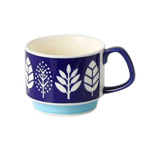 Image of Spooky Japanese Retro Ceramic Coffee Mug - 300ml Printed Stackable Cup with Handle - Hanging Design for Milk, Tea & Espresso - Ideal Gift for Couples, Home or Cafe (Blue & White - Tree)