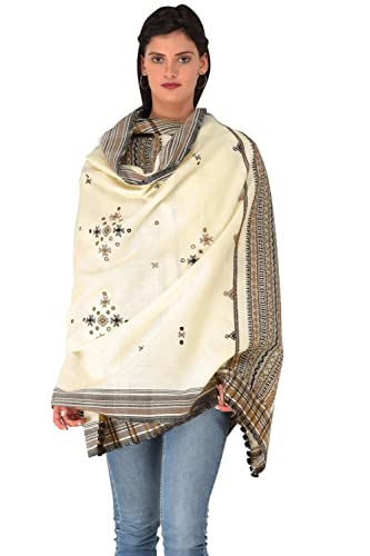 Image of Exotic India Women's Kutch Wool Shawl (SHV95--beige)