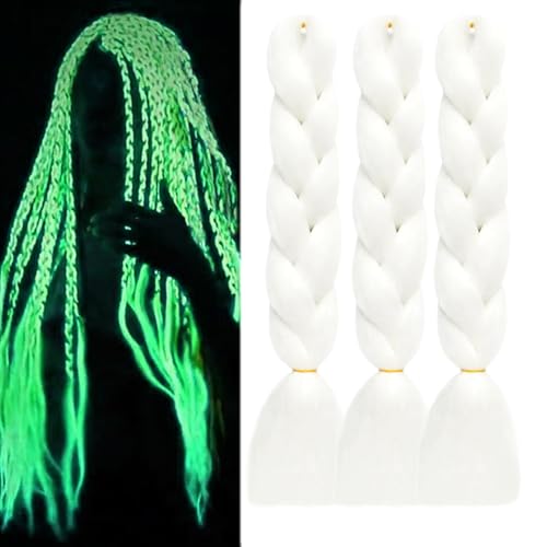 White Braiding Hair Jumbo Braids Extensions Pre Stretched Braiding Hair 24inch 3Pcs Glow in the Dark Hair 24 Inch white