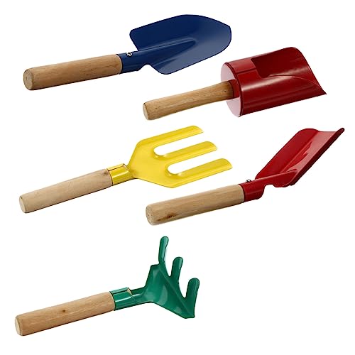 KICHOUSE Children's Garden Tools Kit 5pcs Boys and Girls Shovel Rake Trowel Sturdy Metal Tools Hardwood Handles for Boys Random