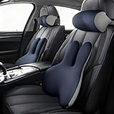 Gadeel 車 腰痛クッション ヘッドレスト 低反発 ランバーサポート ネックパッド 人間工学 腰サポート 体圧分散 通気性 かわいいリラックスクッション 取付バンド 洗濯可能 調節可能 長時間運転 使用場所 車中/オフィス/自宅/プレゼント用(ネイビー)