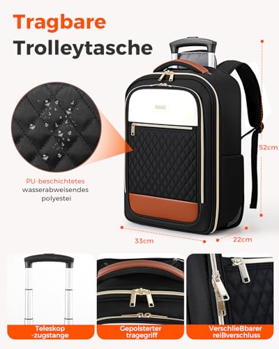 BMaoBBo Rucksack mit Rollen Damen 17 Zoll Laptop, 2 in 1 Rucksack Trolley, Leichter Reise Laptop Trolley (52x33x20 cm),180 Grad Offnung, wasserabweisend, 35 Liter Fassungsvermogen