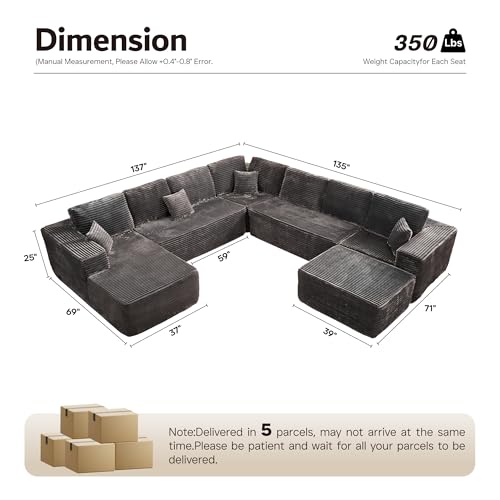 Image of ovios Sectional Cloud Couch for Living Room, Modular Floor Sofa with Plush Corduroy, No Assembly Required, Big Comfy Couches Set with Fluffy Memory Foam, Stupendous U Shaped Sofas with Chaise, Grey