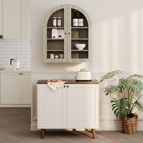 GarveeHome Small Arched Wall Cabinet with Acrylic Doors & Adjustable Shelves, Modern Natural Wood Wall-Mounted Storage Cabinet for Kitchen, Bathroom, Laundry Room, Compact & Space-Saving- Gray