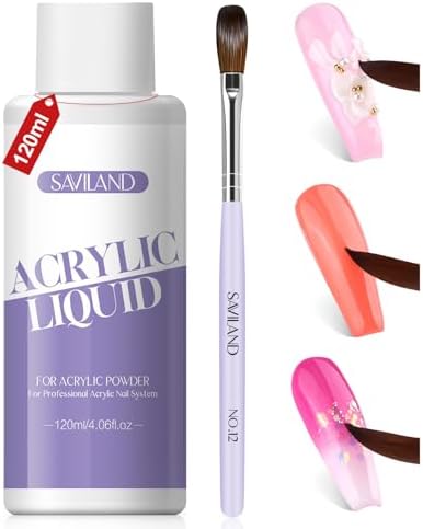 SAVILAND Acrylic Nail Liquid Kit: 4.06 OZ Monomer with Size 12 Nail Brush for Acrylic Powder Application Nail Art Extension 3D Carving Liquid Monomer for Beginners Home DIY