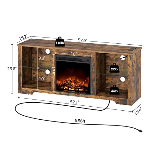 Rolanstar Fireplace Tv Stand 57.9" With Led Lights And Power Outlets, Tv Console For 43" 50" 55" 60" 65", Entertainment Center With Adjustable Glass Shelves, Rustic Brown #TOP5