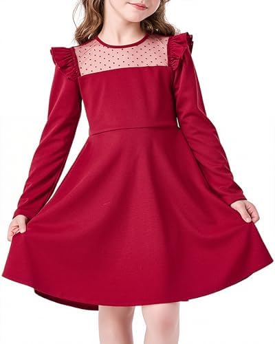 Hvididan Girls Casual Dress, Crew Neck Cute Girls Ruffle Long Sleeve A Line  Mesh Party Dress for Kids Teens, Size 5-14 Years, Red, 7-8 Years: Buy  Online at Best Price in UAE -