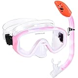 Kids Snorkel Set, Children Anti-Fog Diving Mask Swimming Goggles Full Dry Top Snorkel Equipment Snorkeling Packages Swimming Gear for Youth Boys Girls Age 5-10 (Pink White)