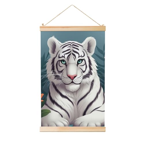 Imprimé tigre blanc mignon pour chambre enfant avec suspension en bois esthétique 50x76cm