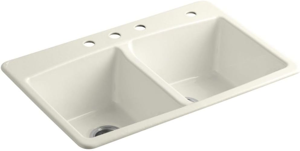KOHLER 5846-4-96 Brookfield Top-Mount Double-Equal Bowl Kitchen Sink with 4 Faucet Holes, Biscuit