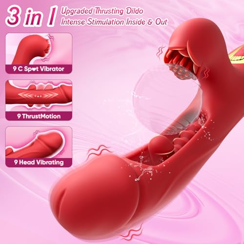 Image of Internal Thrusting Vibrator for Women, Rabbit G-Spot Dildo with Rose Clitoral Stimulator, 9 Vibration & Thrusting Modes, Realistic Silicone Adult Toy for Women & Couples