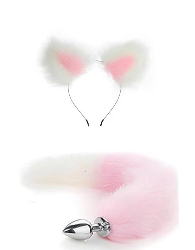 Ooiixx Butt Plug Fox Tail Cosplay Anal Plug Anal Butt Plug Adult Sex Toys for Beginner Women Men Couple (18" White-Pink Kit) - 18"White-Pink Kit