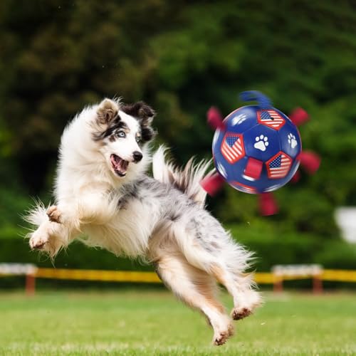 ShuRung 4th July Theme Dog Soccer Ball Toy with Straps Pet Interactive Play Balls for Tug of War USA Independence Day Soccer for Small Medium Big Size Dogs (8 inches) M