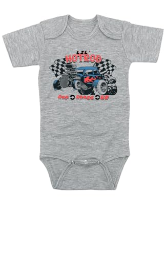 TeeNow Apparel Lil' Hotrod Baby Bodysuit, Gray, Short Sleeve, Infant Onesie with Hot Rod Car Graphic (Grey, 3-6 Months)