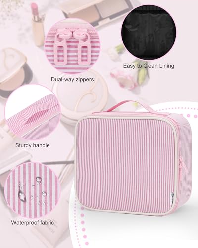 Image of Relavel Travel Makeup Train Case, Portable Cosmetic Case Makeup Organizer, Professional Artist Storage Bag with Adjustable Dividers for Cosmetics Brushes, Birthday Gifts for Girls, Pink Stripe