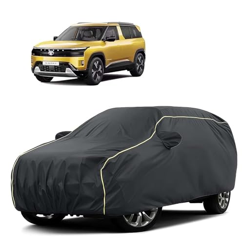 Image of Sulfar 100% Water Resistant Car Body Cover Compatible with Mirror for Tata Sierra (Triple Stitched, Full Bottom Elastic, Dark Grey Tafetta with Yellow Piping)