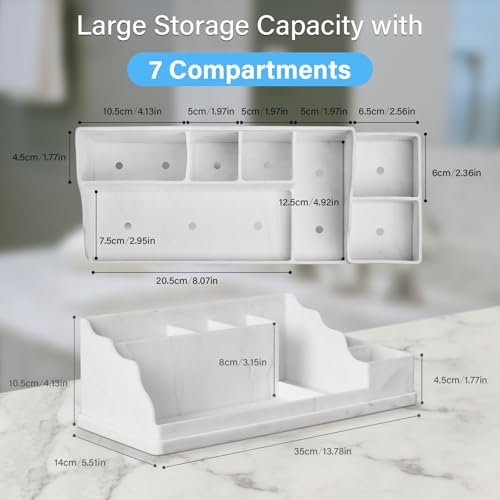 Bathroom Countertop Organizer With Tray, Toothbrush Holders and Toothpaste Holder Drainage for Bathroom Accessories,Organization Counter Vanity Storage,White-marble - Image 4