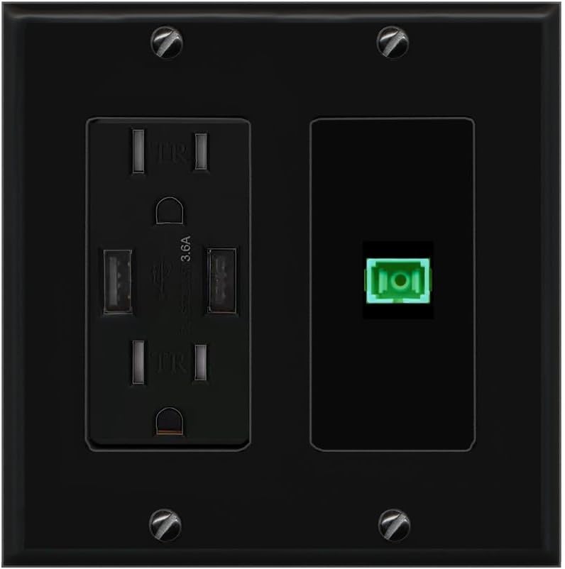 RiteAV 1 Port Fiber Optic Coupler Jack SC Simplex Singlemode APC Wall Plate - USB Charger Outlet [Stainless/Black]