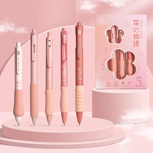 Image of PAXCOO Flower Theme Gel Pens Set of 5, 0.5mm Fine Point Blue Ink Quick Dry Retractable Gel Pens, Aesthetic Cute Flower Pens for School, Office,Note Taking, Smooth Writing with Comfortable Soft Grip