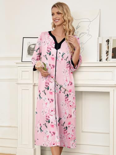 Image of PITINAN Moo Moo Nightgown House Dress Zip up Robes for Women Long Lounge Dress House Coat Women S-3XL