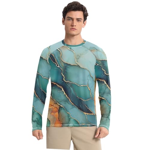 Marble Turquoise Orange UPF 50+ Sun Shirts for Men Loose Type Long Sleeve Long Sleeve Sun Protection UPF 50+ Water Fishing
