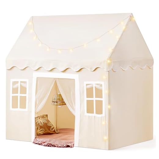 Tiny Land Play Tent with Padded Mat & LED Lights, Kids Tent, Playhouse for Kids, Indoor Bed Tent for Toddler, Toys for 3,4,5,6-Year-Old Girls, Neutral Color Play Room Furniture