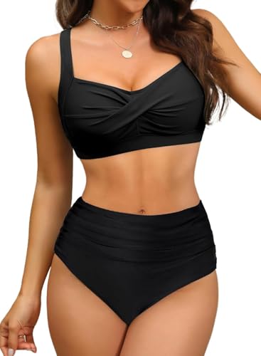 Women's Twist Front Full Coverage Swimsuit V Neck Padded High Waisted Ruched Bikini Set Two Piece Bathing Suit