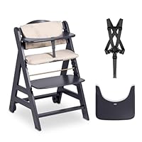 hauck Beta+, Dark Grey - Mitwachsendes Kinderhochstuhl Set ab 6 Monaten bis 90 kg mit Rädern, Sitzkissen, Großes Essbrett, Kleiner Schutzbügel, 5 Punkt Gurt Sicherheitsgurt & Schrittgurt
