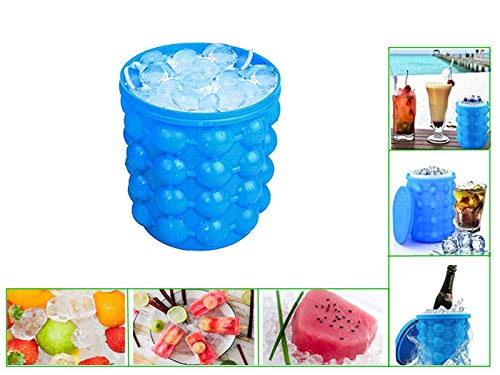 Large 2 In 1 Silicone Ice Bucket & Ice Mold With Lid,Silicon Ice Cube Maker Genie, Portable Silicon Ice Cube Maker (Blue) #TOP3