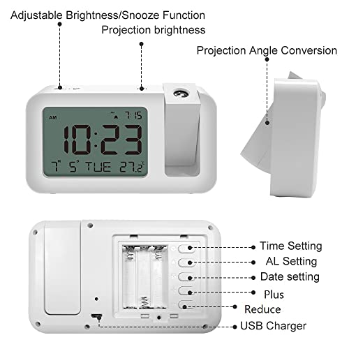 Projection Alarm Clock With 120° Rotatable Projector, 4 Level Brightness Adjustable, Ceiling Alarm Clock With Snooze, Adjustable Volumes For Bedroom, Lcd Display With Backlight Temperature 12/24H #TOP5