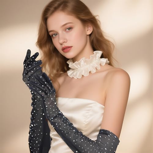 Long Black Gloves Rhinestone Sheer Tulle Gloves for Carnival Women Party Costumes Formal Occasions(Black)4