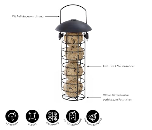 Dehner Natura Premium Wildvogel Futtersäule, Meisenknödelsäule gefüllt, inkl. 4 Meisenknödel, ganzjähriges Wildvogelfutter fettreich / energiereich, hochwertiges Vogelfutter für Wildvögel,ca. Ø 7 cm