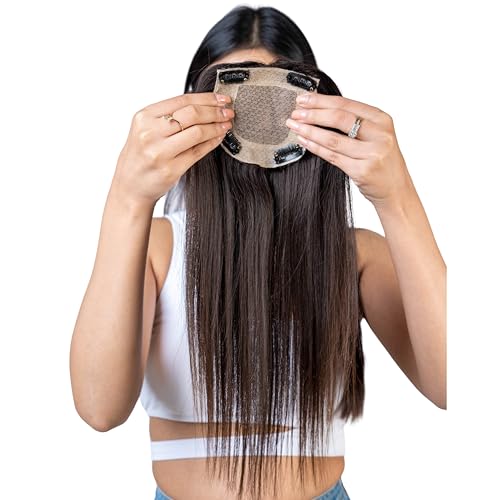 Image of Capilus 100% Human Hair Extensions for Women, Clip in Scalp Topper /Hair Topper, Silk Based- (4 inchx4 inch, 18 Inches, Natural Black)