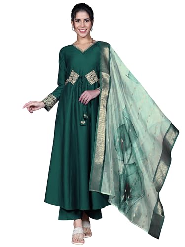 Image of EthnicJunction Women's Cotton Silk Embroidered Anarkali Kurta Palazzo with Digital Print Dupatta Set