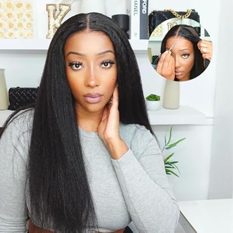 Domiso Wear and Go Glueless Wig Kinky Straight Lace Pre Cut 6x4.6 HD Lace Front Wigs Human Hair for Women Glueless Wig with Elastic Band Natural Hairline 200% Density Yaki Hair Natural Color 22 Inch Cover
