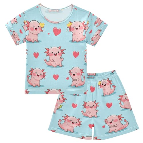Pajama Sets Short Sleeve Cute Axolotl Love Pattern Soft Cotton Summer Sleepwear 2 Piece PJS Size 5-14T