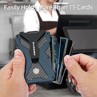 Minimalist Wallet for Men- Slim Aluminum Metal Money Clip Wallet with Clear ID Card Holder, Carbon Fiber Wallet, RFID Blocking, Holds up 15 Cards with Cash Clip, Ultra-Thin Tactical Wallet-Navy Blue