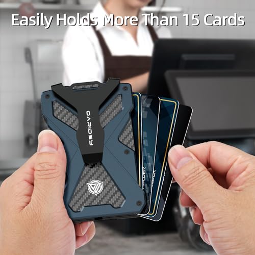 OARIDEY Minimalist Wallet for Men- Slim Aluminum Metal Money Clip Wallet with Clear ID Card Holder, Carbon Fiber Wallet, RFID Blocking,Holds up 15 Cards with Cash Clip,Ultra-Thin Tactical Wallet