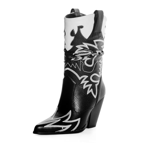 Women Cowboy Boots Mid Calf Embroidered Cowgirl Knee High Chunky Heel Western Pointed Toe
