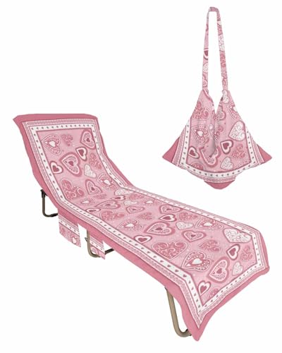 Valentines Love Heart Beach Lounge Chair Towel Cover, Soft Chaise Lounge Towel with Side Pockets Patio Pool Chairs Cover for Beach/Pool Sunbathing 29x85 Pink Love Heart Botanical