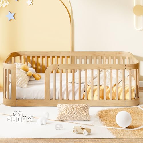 Bellemave Twin Floor Bed with High Fence and Rounded Corner Design, Wood Montessori Floor Bed with Guardrail and Entrance, Easy Assemble Montessori Bed Twin Size, Natural