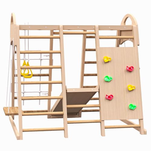 EEBABUO Indoor Playground Set for Kids 2-6 Years, 7-in-1 Wooden Jungle Gym, Slide, Climbing Wall, Rope Wall, Monkey Bars, Swing