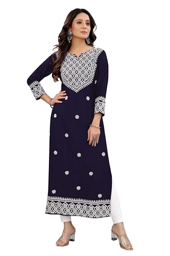 Image of Women's Rayon Embroidered Straight Kurti Under 499 Designer Attractive Look Women's Kurta