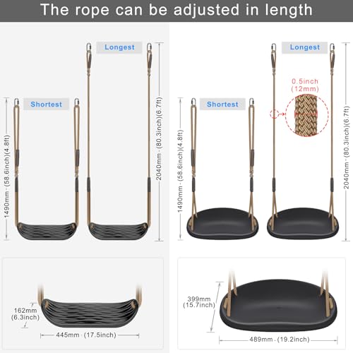 SELEWARE 2 Pack Heavy Duty Plastic Swing Seats with Adjustable Rope & Quick Connect, Replacement Swing Set Accessories for Kids and Adults, Indoor/Outdoor Backyard Playground Tree Swing, Black by SELEWARE - Image 7