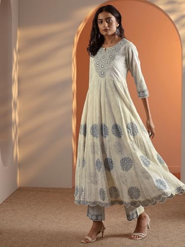 Image of Libas Embroidered Cotton Anarkali Kurta with Trouser and Dupatta