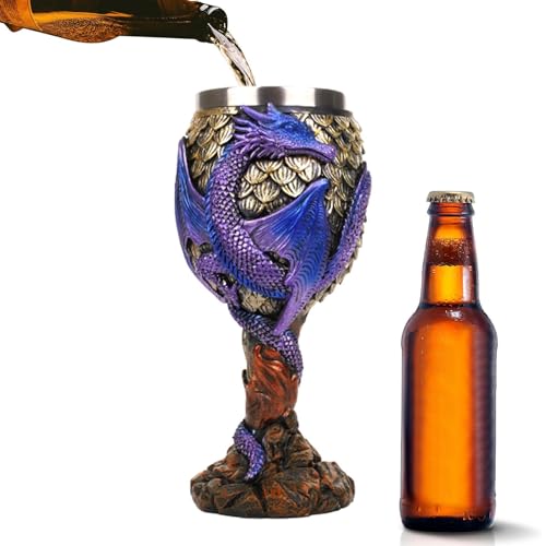 Copa medieval de acero inoxidable con relieves de dragón gótico 2