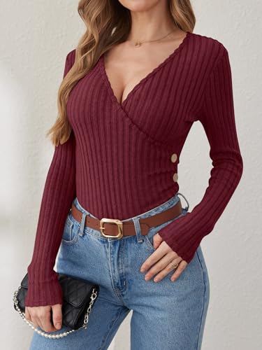 ANRABESS Women Long Sleeve V Neck Shirts,Burgundy,XS — view 6