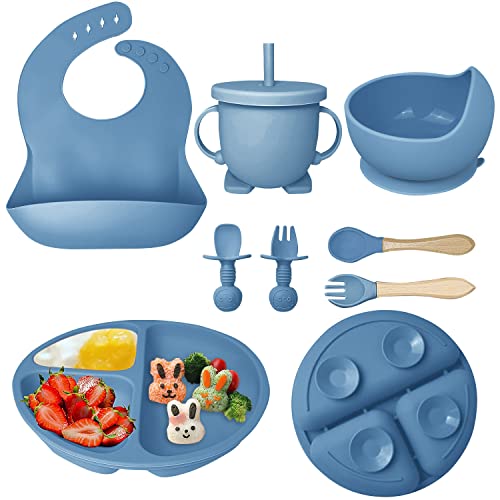 Hoidokly Baby Feeding Set, 8 Pcs Silicone Baby Led Weaning Supplies Includes Cup Baby Plate, Bowl, Adjustable Bib, Cup, Spoon and Fork,BPA Free Baby Weaning Utensils Set for 6+ Months-NavyBlue